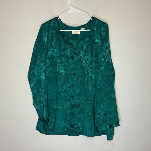 VTG Victorias Secret Gold Label Night Shirt Womens L Green Floral Embossed Sleep - Picture 1 of 8